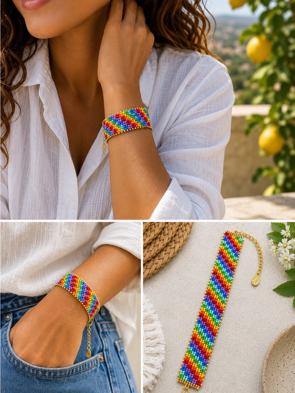 Hand Crafted Rainbow Delica Bracelet • Adjustable Gold Lobster Clasp • OOAK